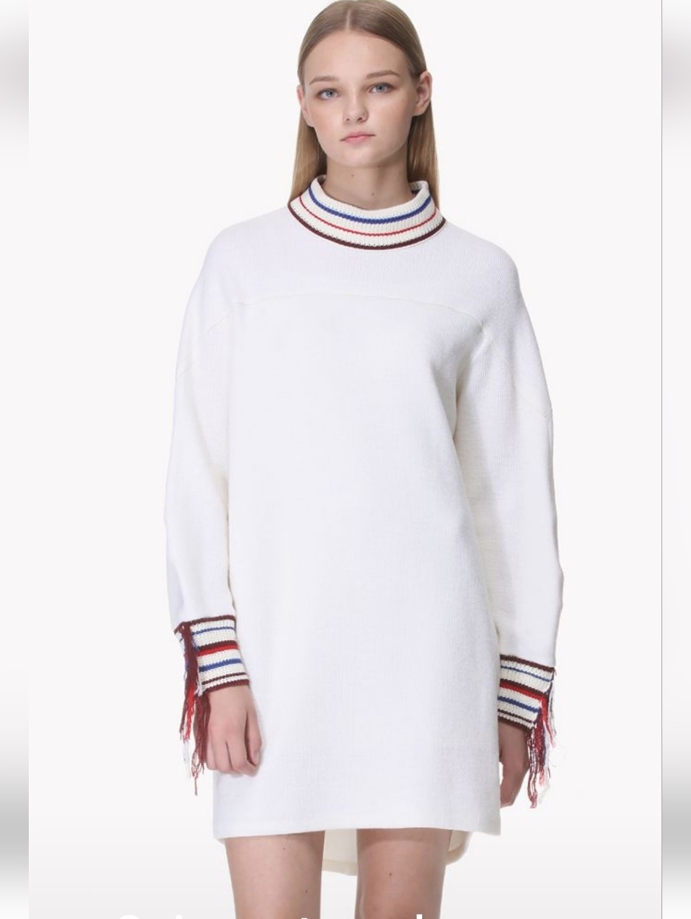 SYSTEM BRAND LONG SLEEVE KNIT SWEATER DRESS FRINGE DETAIL HIGH NECK SIDE SPLITS